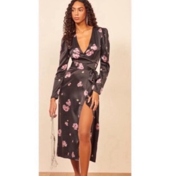 Reformation 100% Silk Toronto Black Pink Purple Floral Faux Wrap Midi Dress 4 - Picture 2 of 16